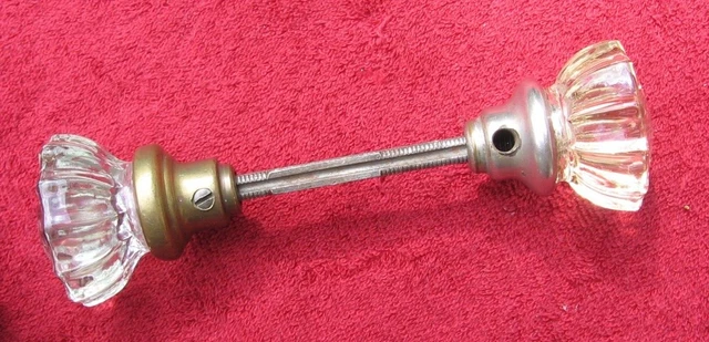 Antique Pair of Crystal Glass 12 Point Brass Shank Door Knob Assembly