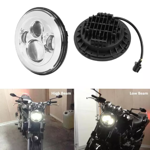 Chrome 7" Round LED Hi-Lo Beam Headlight Projector For Harley Honda Motorcycle