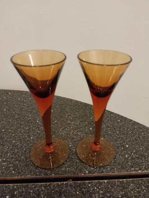 Delicate Liqueur Cordial Shot Glasses Set Of 2 , Nice Amber Color  "Antique"