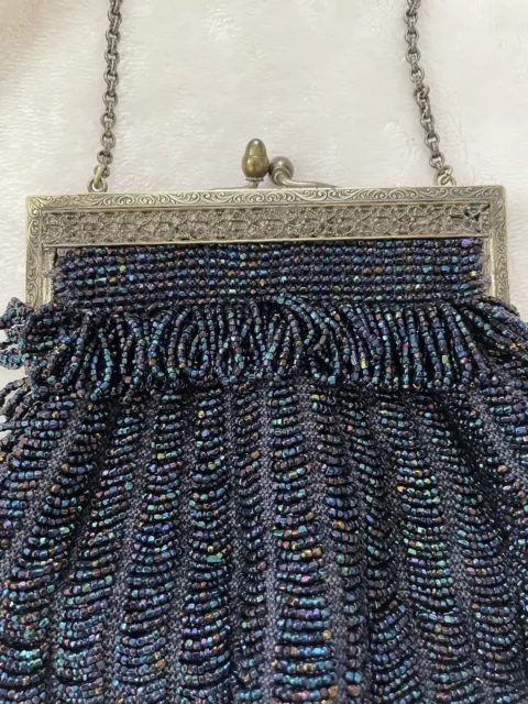 Antique Art Deco Czech Blue Glass Hand-Beaded & Crocheted FLAPPER PURSE BAG