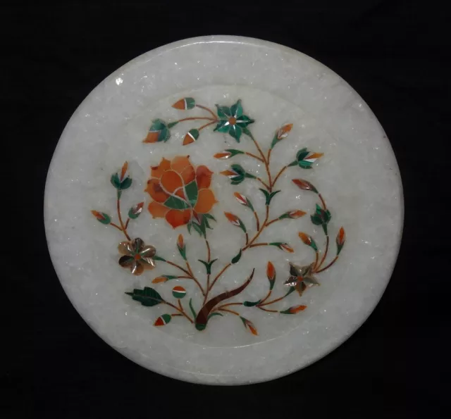 6" White Marble Dish Rare Plate Hakik Marquetry Floral Inlay Art Home Decor Gift