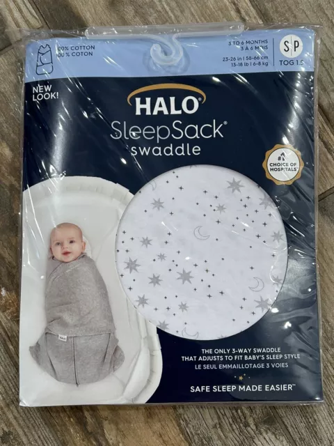 Sleep Sack Swaddle Size S 3-6 Months White/Gray Stars Moon SUN -USA Made-Cotton