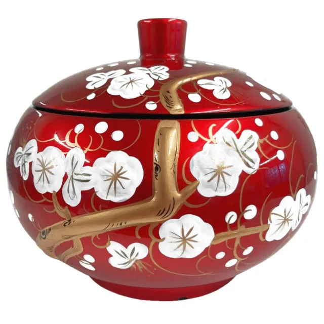 Decorative Wooden Red Bowl With Lid Lacquered & Inlaid White Flower Egg-Shell