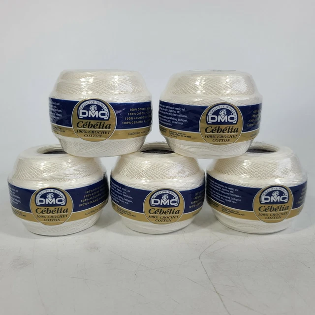 Lote de 5 bolas DMC Cebelia 100% algodón crochet talla 30 blanco blanco blanco 50 gramos