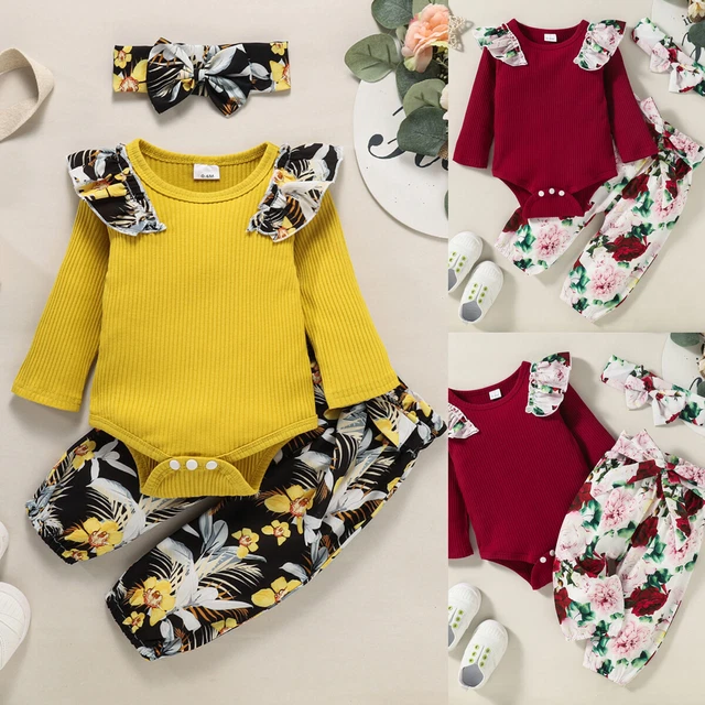 Newborn Baby Girl 3PCS Bodysuit Romper Pants Headband Set Infant Outfits Clothes