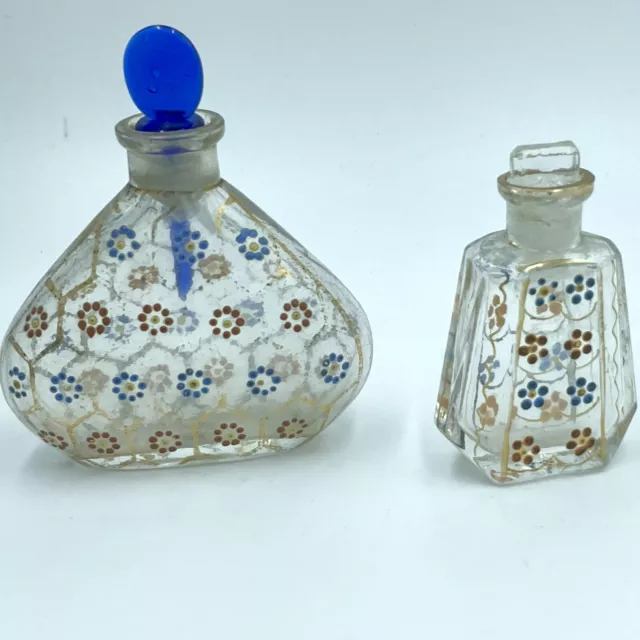 Par De Pequeños Botellas Antiguos de Cristal Pintada De Flores Azul Y Amarillo