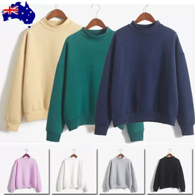 Women Fleece Pullover Jumper Long Sleeve Casual Sweater Coat Sweatshirt Plain