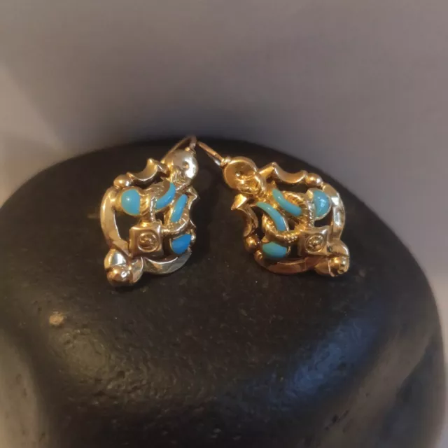 Boucles D'oreilles Dormeuses Anciennes, De Style Art Déco /Or Jaune 750‰, Émail