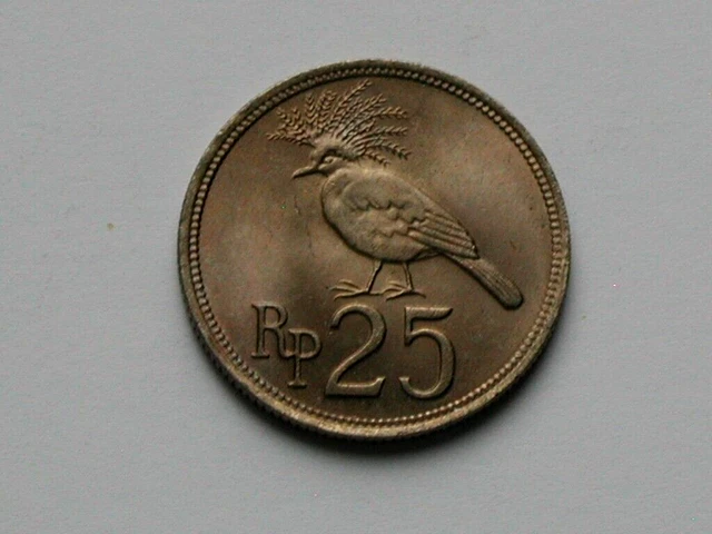 Indonesia 1971 25 RUPIAH Coin MS++ UNC with Toned-Lustre & Crowned Pigeon Bird