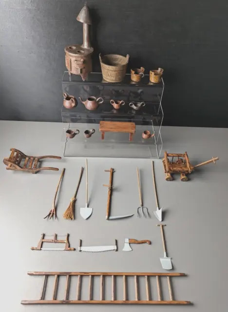 25 Teile vintage Holz Miniaturen Puppenstube Krippe Kaufmannsladen WERKZEUG RARE 2