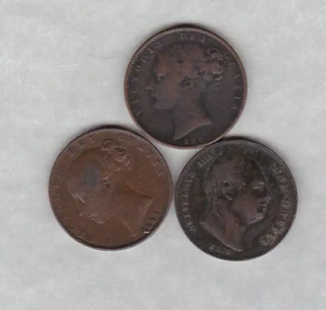 Three 1836/1841 & 1853 Copper Farthings In Good Fine Condition.