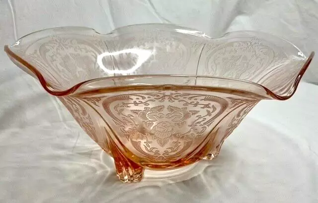 HAZEL ATLAS Pink ROYAL LACE Flared Depression Glass 3 Footed Bowl 10 3/4”