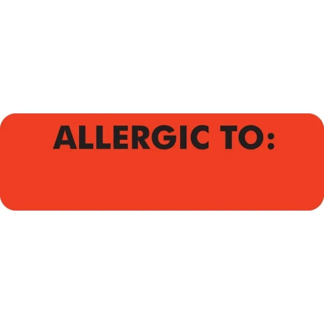 Allergy Warning Labels, ALLERGIC TO: - Fl Red, 2 1/2" X 3/4" (Roll of 300)