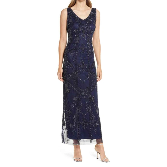 NWT Pisarro Nights Beaded Mesh Gown Navy Size 14