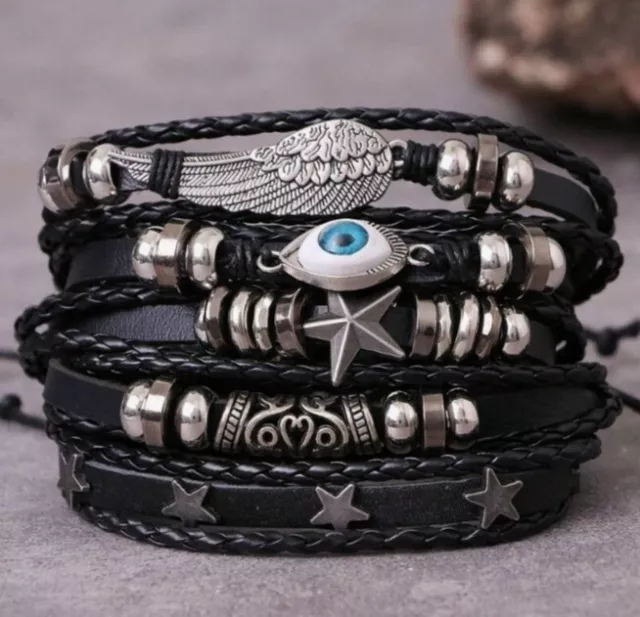 Pulsera de ojo de la Suerte Brazalete Espiritual de Cuero de 5 pasos Protección