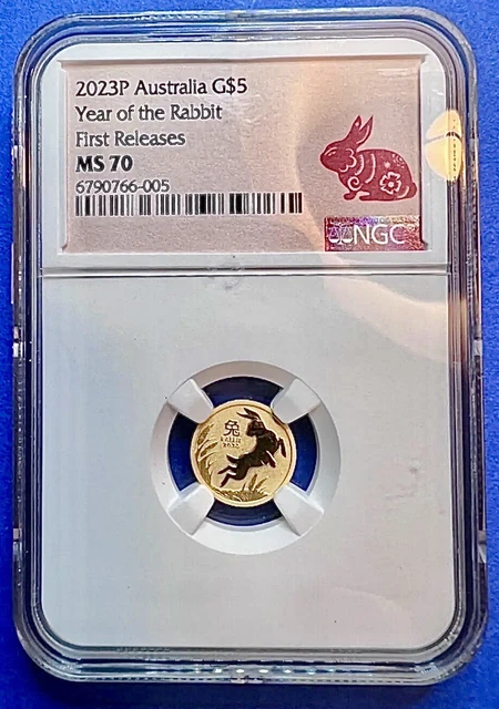 *2023 Australia Bullion GOLD $5 Lunar Year of the Rabbit NGC MS70 1/20oz Coin FR