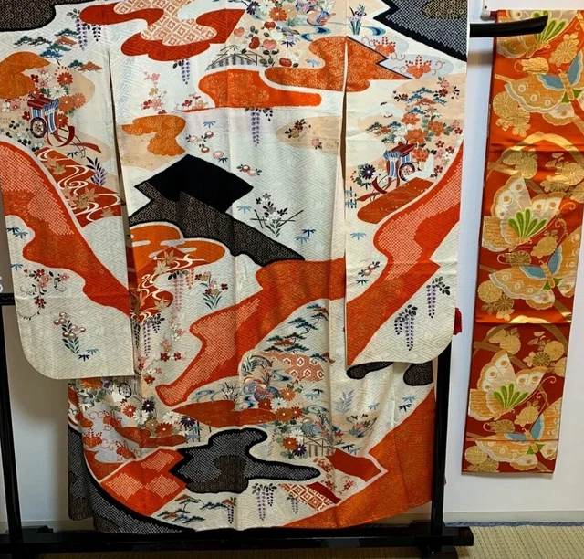 Japanese Kimono/FURISODE&OBI set/luxury  Silk/kimono case/matcha bowl mat/4items