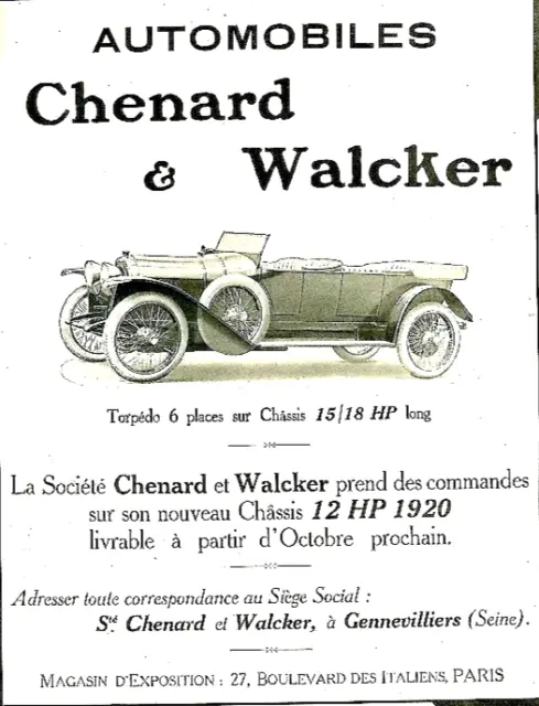 1919 Chenard & Walcker Automobile Torpedo Advertising 109 Advertising 6 Seater