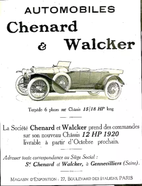 Publicité Advertising 109 1919 Chenard & Walcker automobiles  Torpedo 6 places