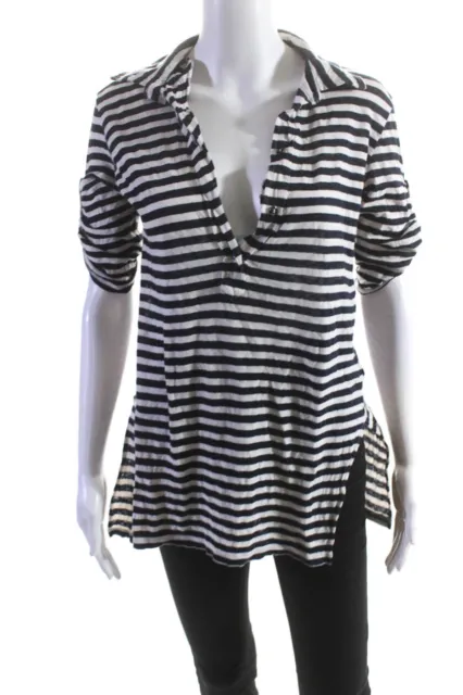 Max Mara Women's Collar Short Sleeves Blue White Stripe Blouse Size M