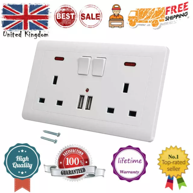 Double Wall Plug Socket 2 Gang 13A w/ 2 Charger USB Ports Outlets Flat Plate UK