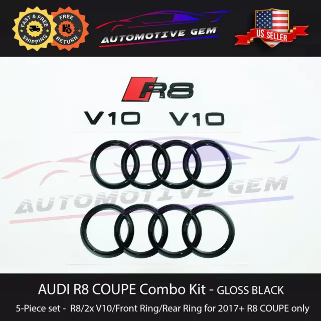 AUDI R8 Emblem GLOSS BLACK Hood Trunk Ring V10 Rear Logo Badge Set 2017+ Coupe