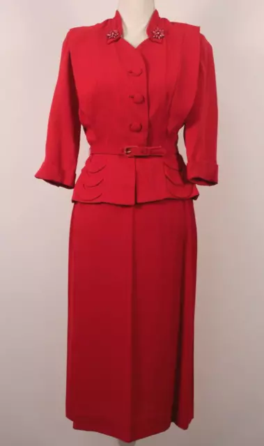 VTG Women's 40s 2 PC Red Rayon Jacket & Skirt Dress Suit Set Sz XS/S 1940s