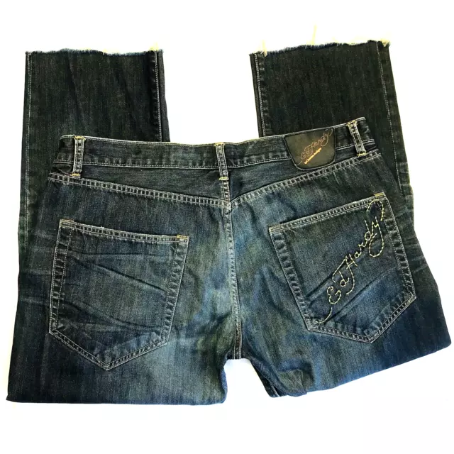 Ed Hardy Jean Men 40 42 Distressed Dark Blue Denim Button Fly Christian Audigier