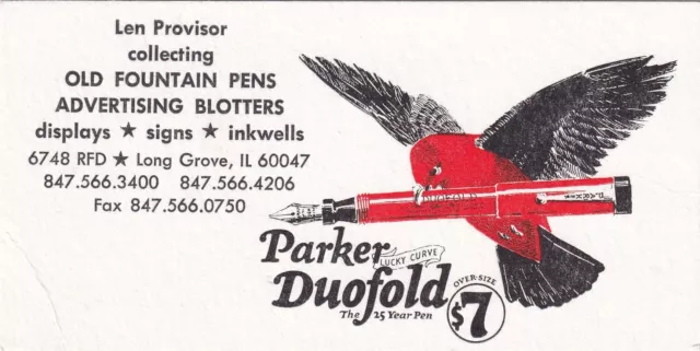 Parker Duofold Fountain Pen Advertising Ink Blotter Len Provisor Long Grove IL