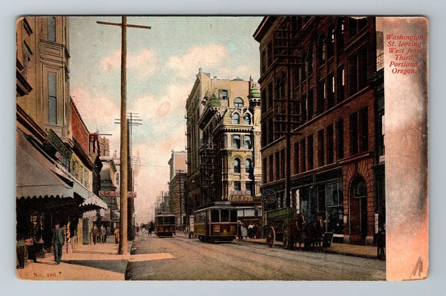 Portland OR- Oregon, Washington Street Looking West From Third, Vintage Postcard