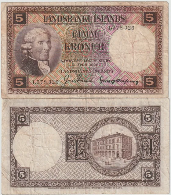 Iceland 5 Kronur Banknote 1928 Choice Fine Condition Pick#27-B-A"Eriksson"