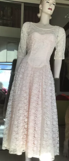 Vtg 60s Original Pale Pink Lace Full Skirt Dress 10