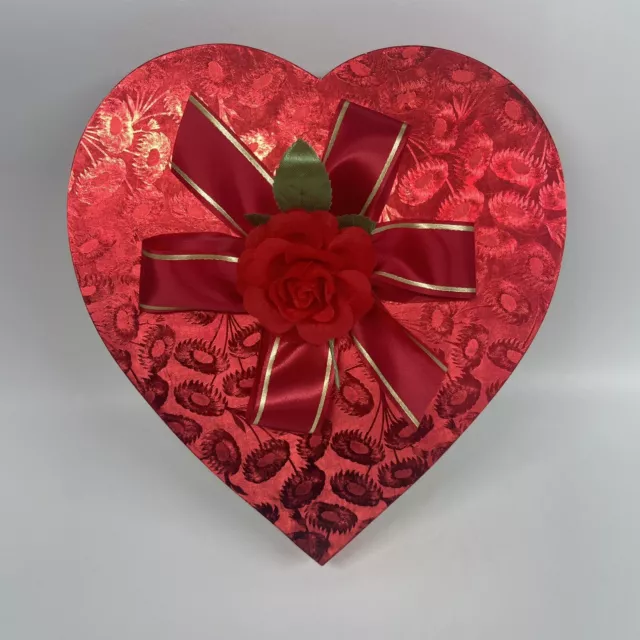 Vtg Fanny Farmer Red Brocade Heart Valentine Candy Box 1 Lb Rose Original Box 2