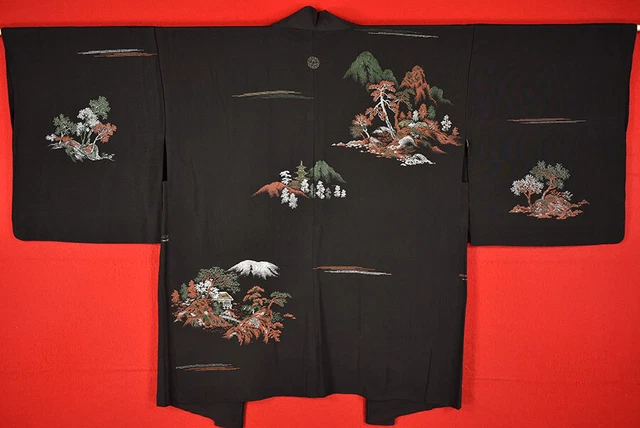 Vintage Japanese Kimono Silk Antique BORO Black HAORI Kusakizome Woven/A437/400