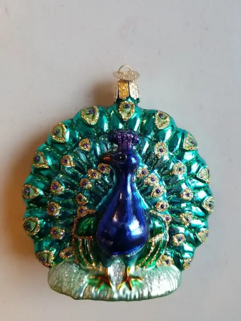 OWC Old World Christmas Blown Glass Proud Peacock #16030 standing with full tail