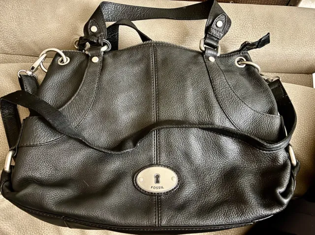 Fossil Crossbody Handbag Black Pebble Leather Shoulder Satchel Bag Large