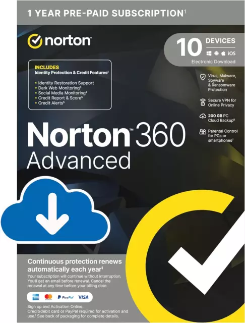 Norton 360 Advanced 2024 | 10 Devices and ‎12 Month Subscription ‎‎Automatic Ren