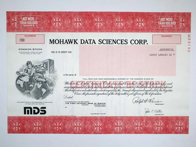 NY. Mohawk Data Sciences Corp., 1976. 100,000 Shrs Specimen Stock Cert., AU FBN