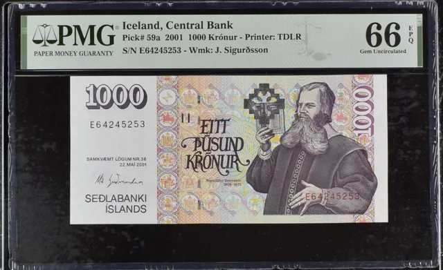 Iceland 1000 Kronur 2001 P 59 a Gem UNC PMG 66 EPQ