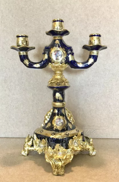 Candelabro candeliere tre fiamme porcellana blu e oro dipinta stile Liberty P36