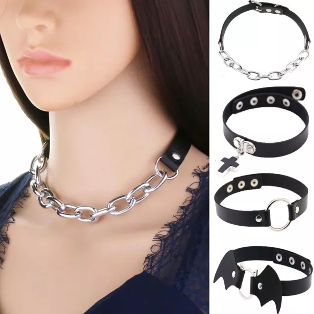 Women Gothic Choker Black Necklace PU Collar Chain Punk Accessories Jewelry
