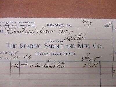 Vintage Letterhead The Reading Saddle and Mfg co Saddles Reading PA 6/3/1903