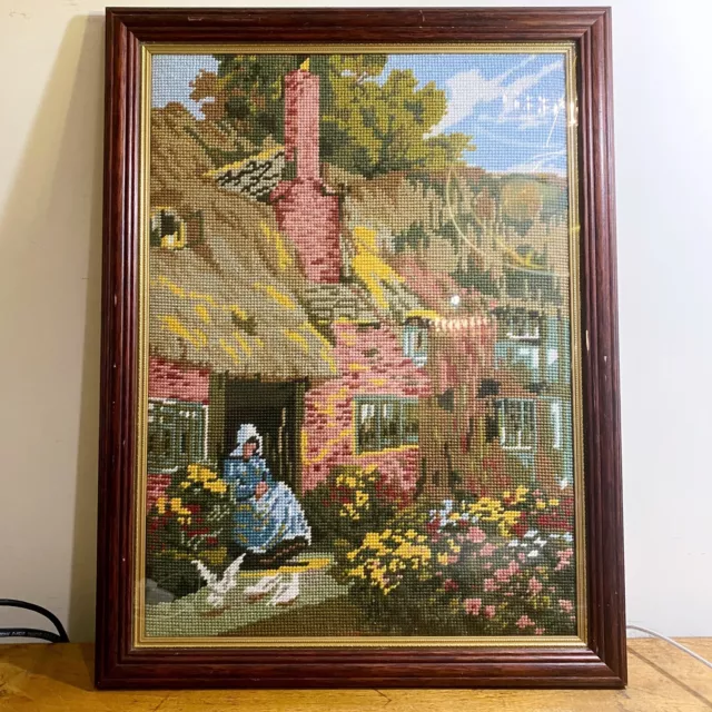 Vintage Tapestry Embroidered Picture Framed Needlepoint Country Thatched Cottage