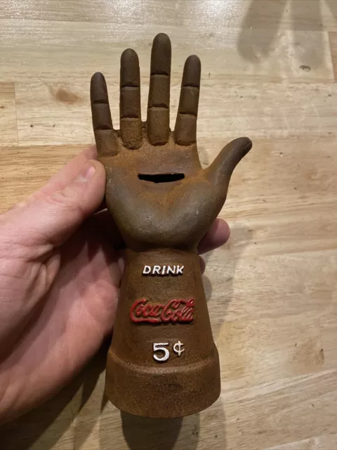 Coca Cola Cast Iron Piggy Bank Hand Paperweight Collector Pepsi Beer Soda Manos