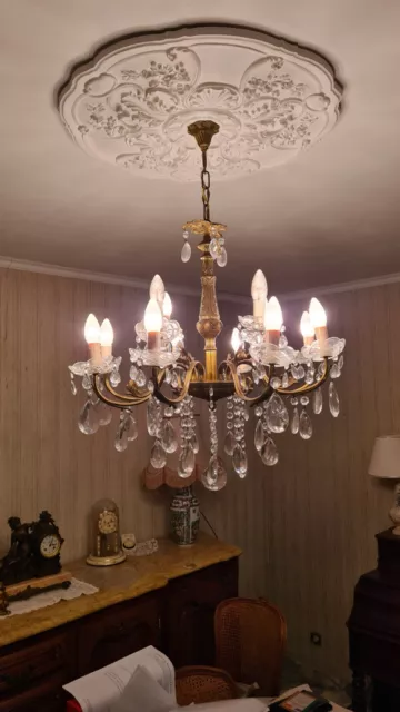 Lustre de salle à manger années 1970, 12 branches en Laiton à palmettes en verre