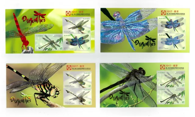 Australia 2017 Dragonflies Set of 4 Special Miniature Sheets For Stamp Expo MUH