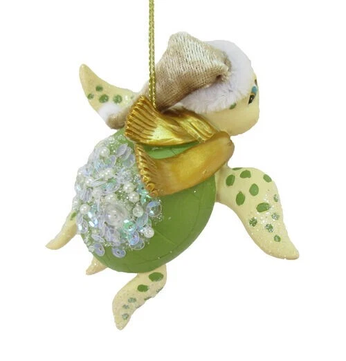 4" December Diamonds Sea Turtle Santa Hat Ornament Ocean Beach Christmas Decor