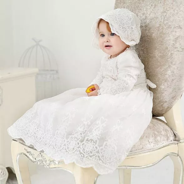 Girls 2 Pieces Formal White Christening Gown Baptism Birthday Lace Dress 0-2Yrs