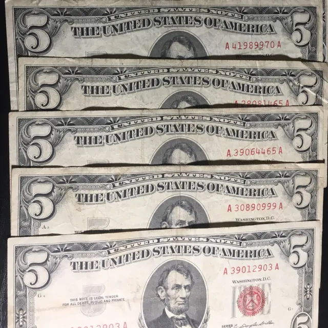 (1) One Random RARE 1953-1963 Red Seal $5 Legal Tender Note FIVE Dollar Bill Lot 3
