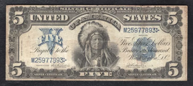 Fr. 277 1899 $5 Five Dollars “Chief” Silver Certificate Currency Note Very Fine